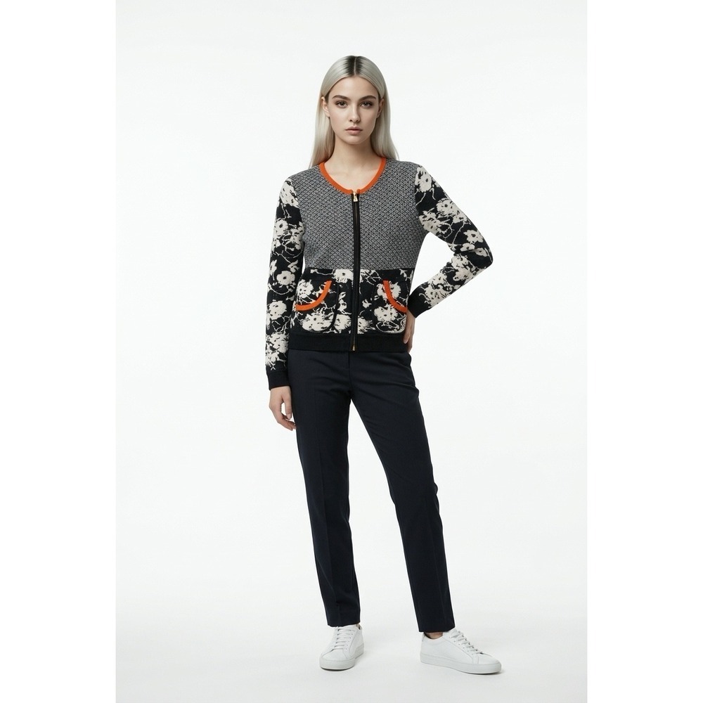 Tory Burch Women Navy White Floral Geometric Zip Front Cotton Cardigan Sweater L